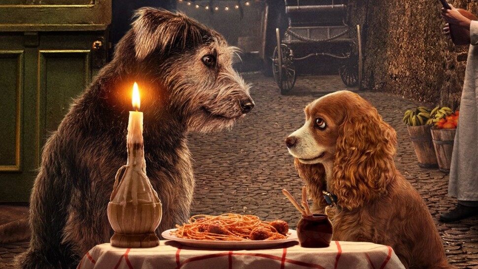 Promo poster of iconic Lady and the Tramp spaghetti scene