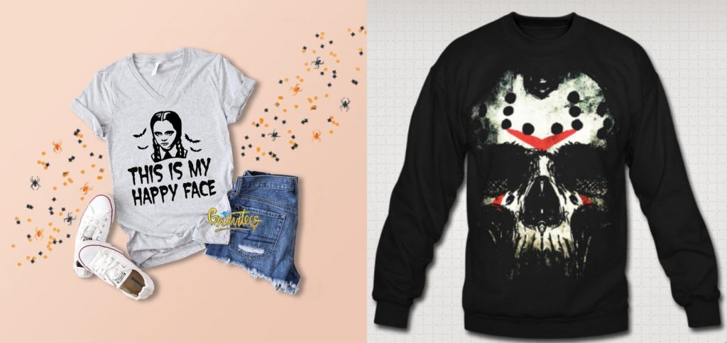 two tee shirts. one has wednesday addams and the words "this is my happy face" and the other shirt is black sweatshirt with a skull that is painted like jason from friday the 13th.