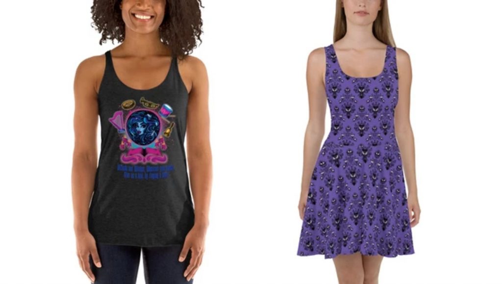 haunted mansion shirt with madame leota (blue fortune teller head in a glass ball) with instruments around. skater dress on the right has the haunted Mansion wallpaper. purple dress with black silhouette monsters all over the dress.