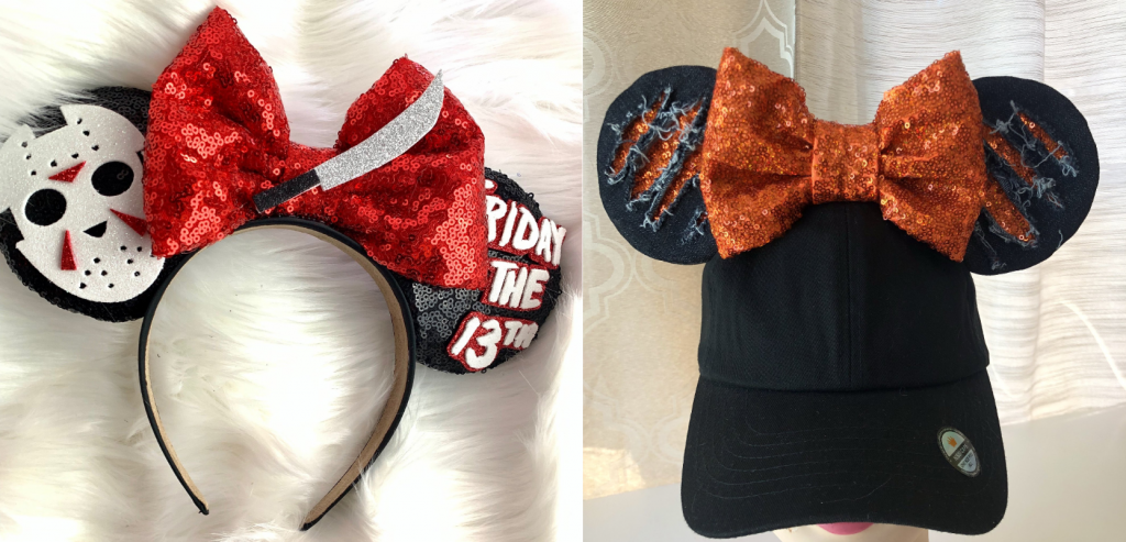 friday the 14th mickey mouse ears. ears are black, one ear has jason vorheese mask and red on the forehead and cheeks, ear on the right has 3-d words "friday the 13th" and the middle red bow has a foam machete sitting on top of it. hat on the right is a black snap back with orange sequin ears covered in torn black jean fabric and large orange sequin bown in the middle on top of the hat.