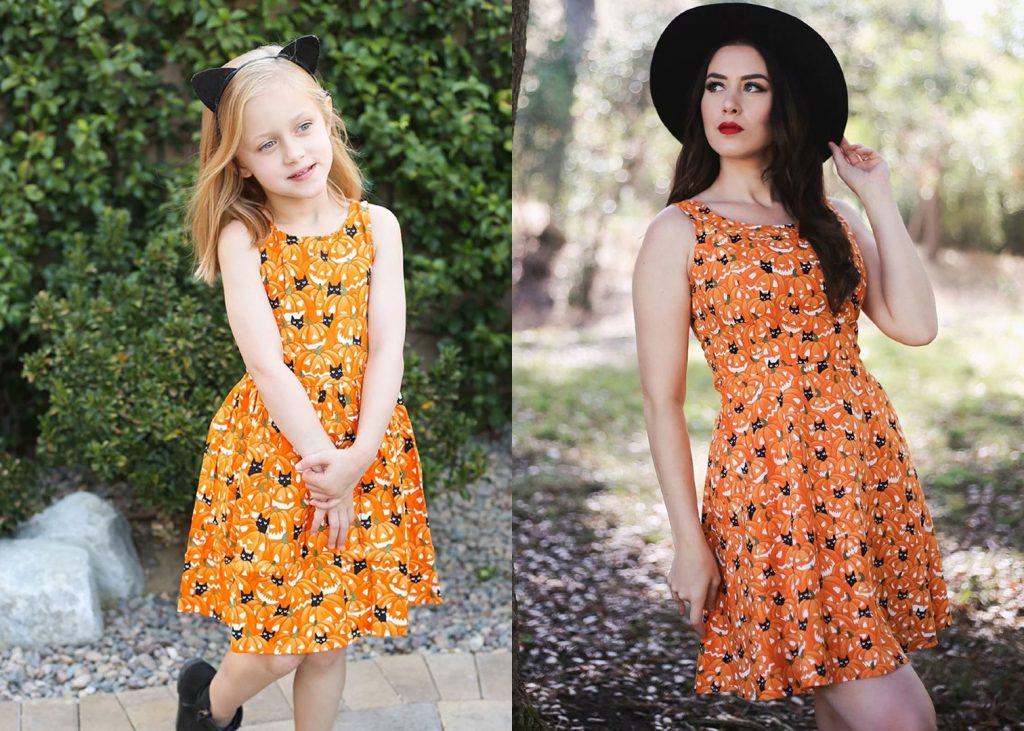 child wearing an orange dress covered in pumpkins and black cats hidden in the pumpkin patch print. image on the right is the same dress on a woman with a black hat.