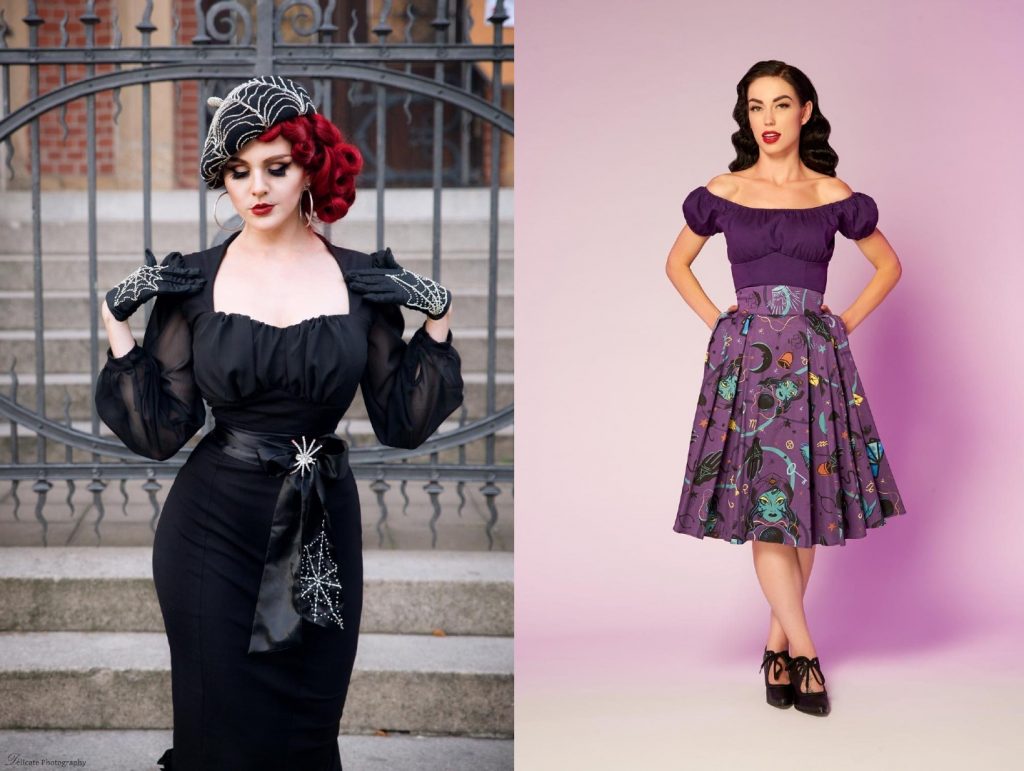 dress on left is retro black dress designed by elvira that has sheer black sleeves, black belt with spider and spider web embroidered. outfit on right is a purple peasant top with purple fortune telling skirt black moons, and black hands.