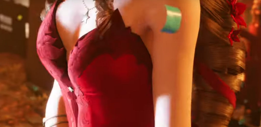 Get a peak of Aeris' sexy red dress.