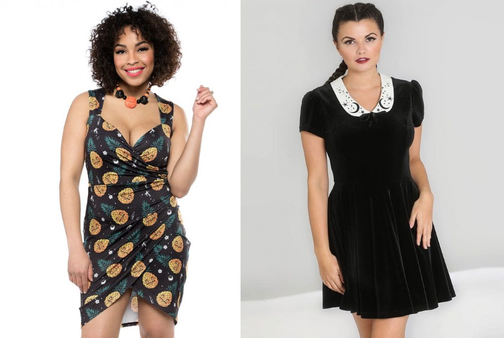 black wrap dress with pineapples that have jack-o-lantern faces cut into them. image on the right is a stereotypical black witch dress with white collar that is embroidered with stars and crescent moon.
