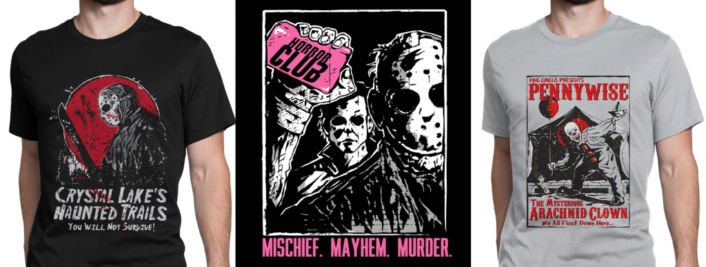 Three tee shirts consisting of Friday the 13th's Jason, Michael Myers and Jason holding soap bar that says "horror club" with mischief, mayhem, and murder being the words under, and pennywise the clown from IT in a shirt that advertises his showcase at a carnaval.