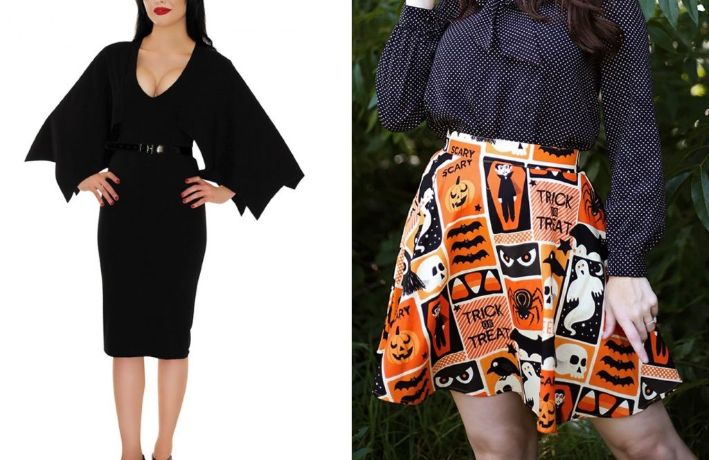 black bat style dress with pinup skirt and angled wing sleeves. skirt on the right is orange patterned with vampires, pumpkins, ghosts, bats, skulls, candy corn, and words of trick or treat.