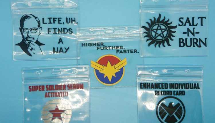a collection of 5 vaccination card sleeves themed to captain marvel, winter soldier, jurassic park, supernatural, agents of S.H.I.E.L.D