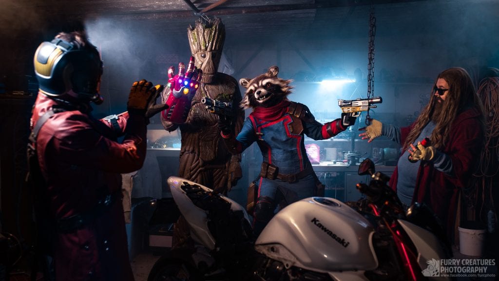 Starlord: Jorssk on the left of image
Groot: Baretwan second in image with infinity gauntlet attached to ironman suit
Rocket: me (Akela Taka) holding prop guns at star lord and thor
Thor: Ikasu Taiki far right looking shocked