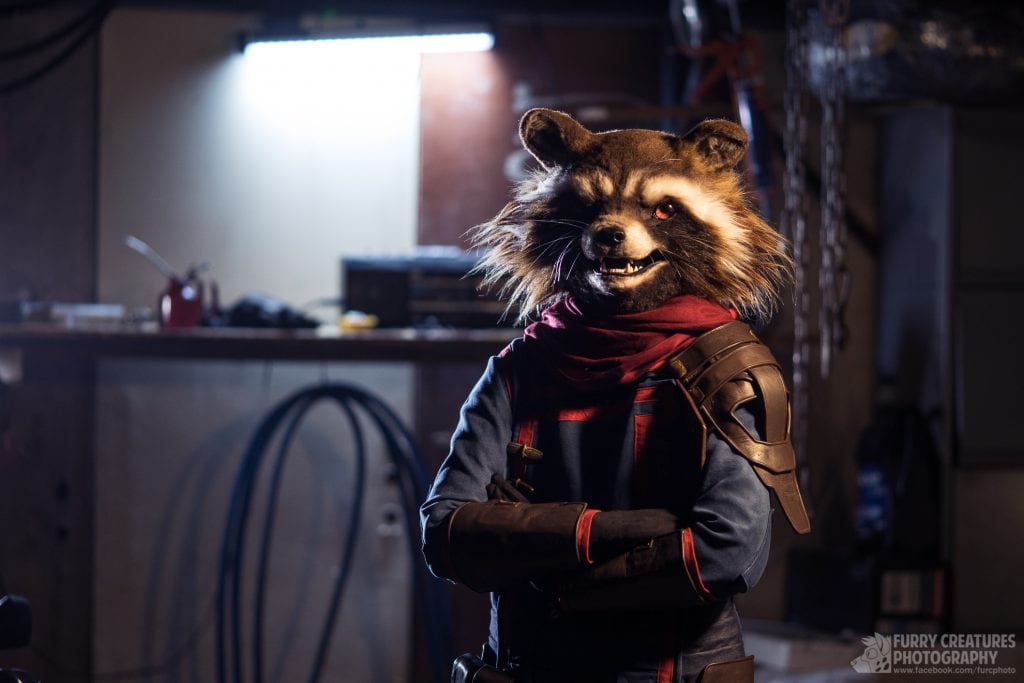 rocket the raccoon from guardians of the galaxy costume. furry, red scarf, blue uniform, brown gloves, belts, shoulder pads