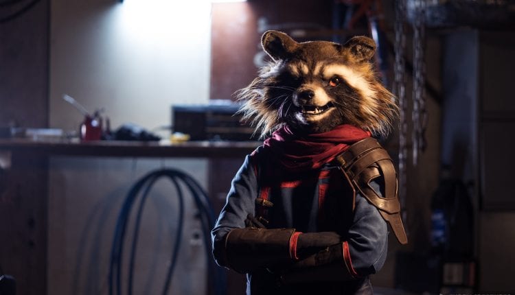rocket the raccoon from guardians of the galaxy costume. furry, red scarf, blue uniform, brown gloves, belts, shoulder pads
