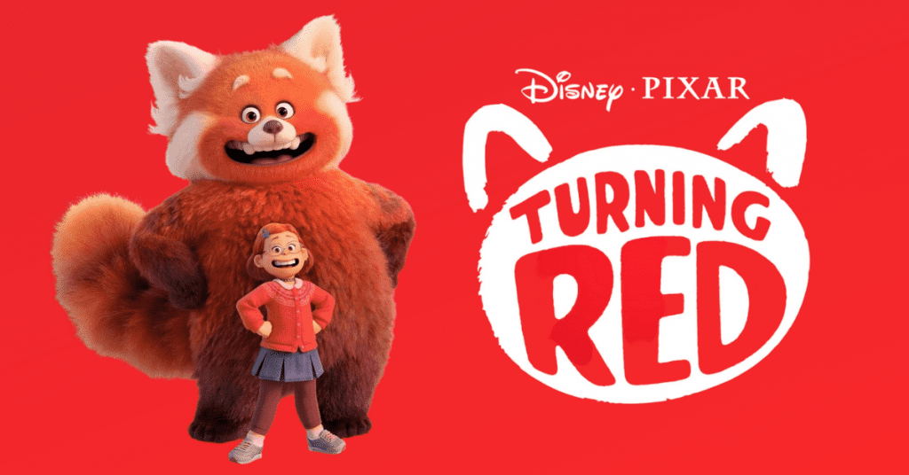 Disney/Pixar's Turning Red movie promo. Cartoon girl standing in front of giant red panda.