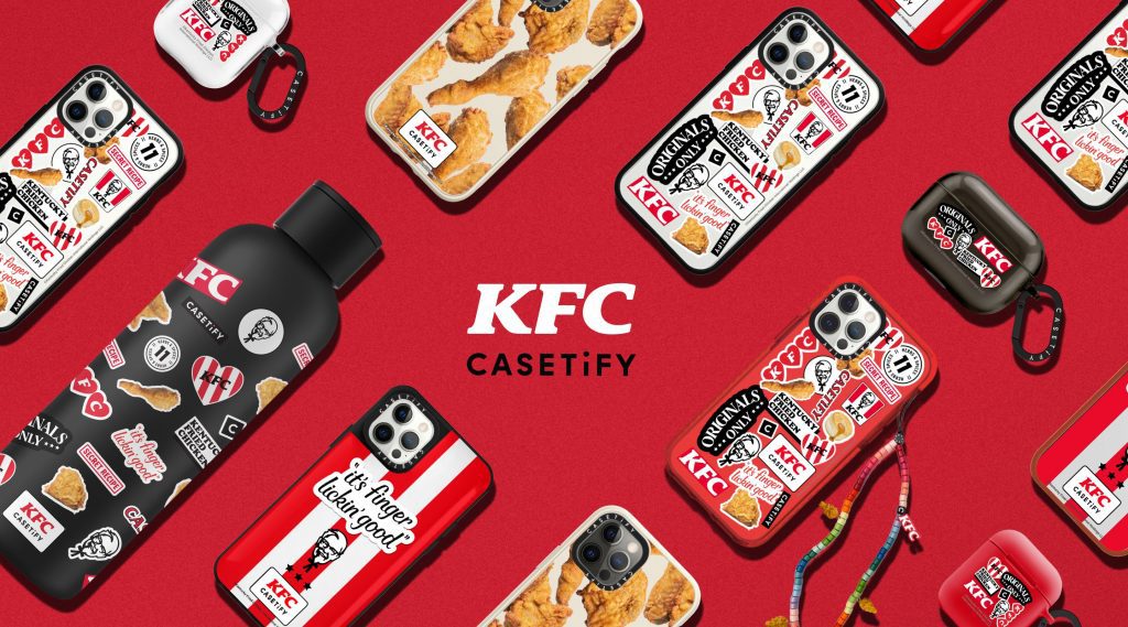 KFC x CASETiFY collab promo featuring KFC themed phone and airpod cases