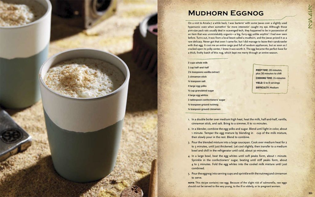 Mudhorn Eggnog recipe from the Star Wars Life Day Cookbook. Left: white and green cup with foamy beverage. Right: Recipe ingredients and instructions.