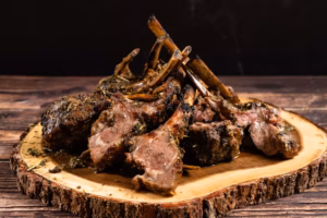 a plate of food on wooden table