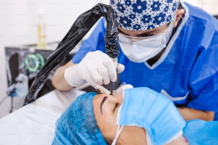 beautician doing eyebrows tattooing